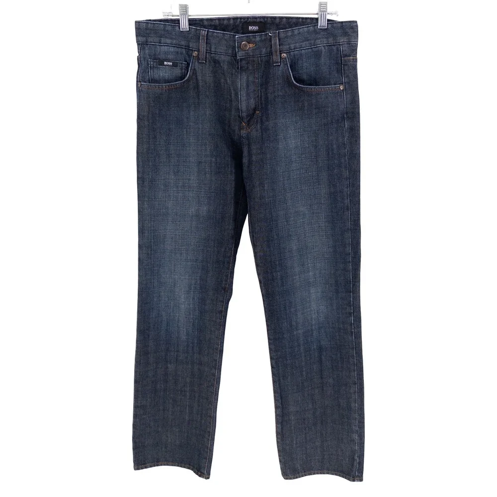 Hugo Boss Mens 34x32 Kansas Jeans Regular Fit Dark Wash Denim Designer Luxe